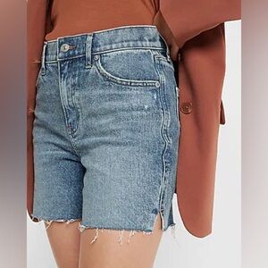Express High Waisted Medium Wash Raw Hem Midi Jean Shorts